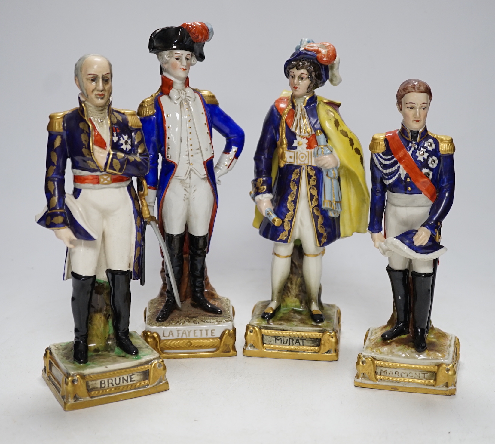 A group of fifteen named German porcelain military figures, tallest La Fayette 24cm high